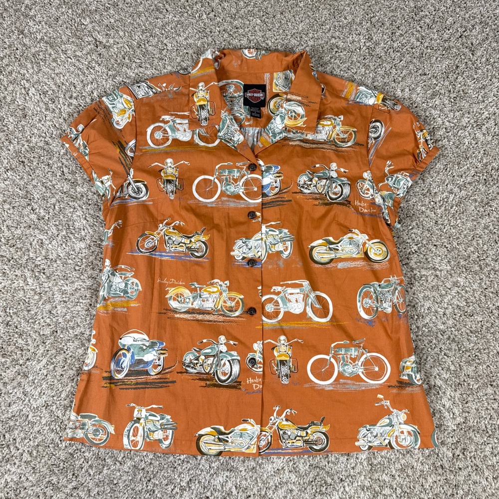 Harley Davidson Shirt Womens Large Orange Vintage Motorcycle Print Button Up